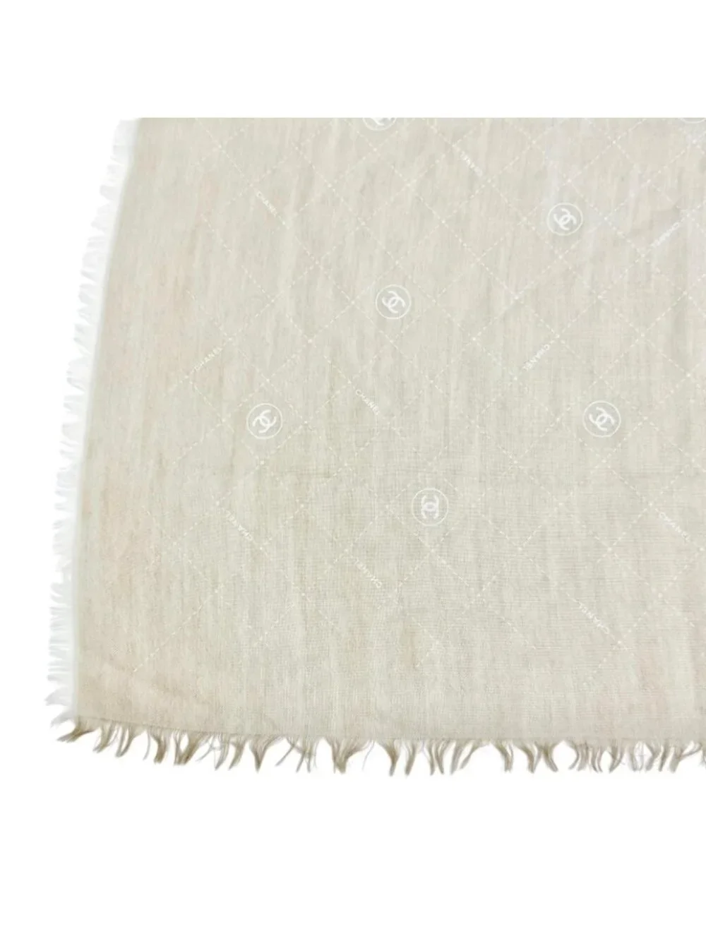 Chanel Cashmere Silk CC Logo Quilted Pattern Mini Fringe Shawl Beige Ivory Scarf